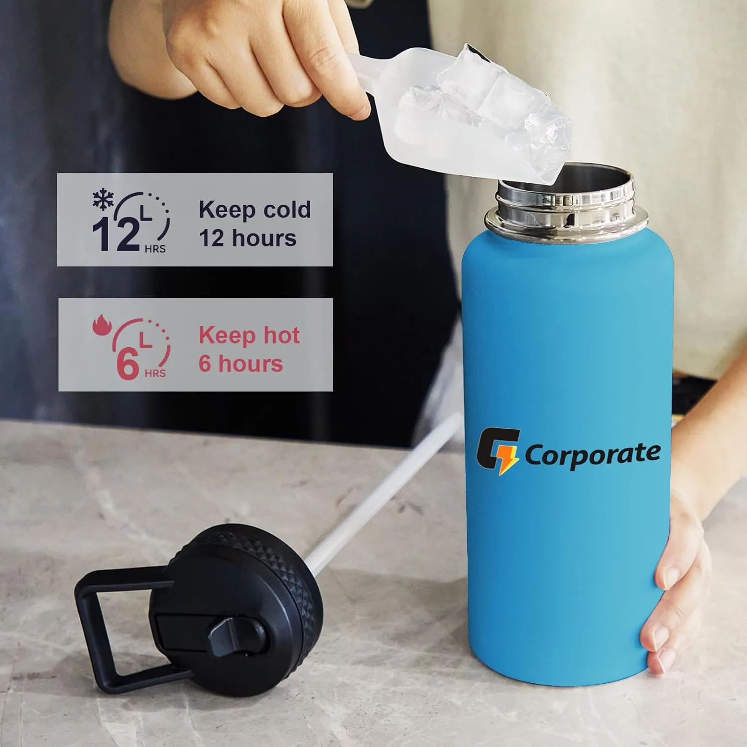 Personalized Custom Water Bottles with Text Logo Print in USA 32oz 100 Pcs Double Wall Stainless Steel Leakproof Wide Mouth Cups with Flip Straw