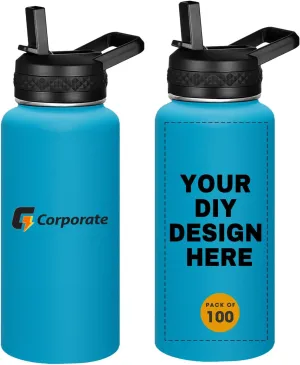 Personalized Custom Water Bottles with Text Logo Print in USA 32oz 100 Pcs Double Wall Stainless Steel Leakproof Wide Mouth Cups with Flip Straw