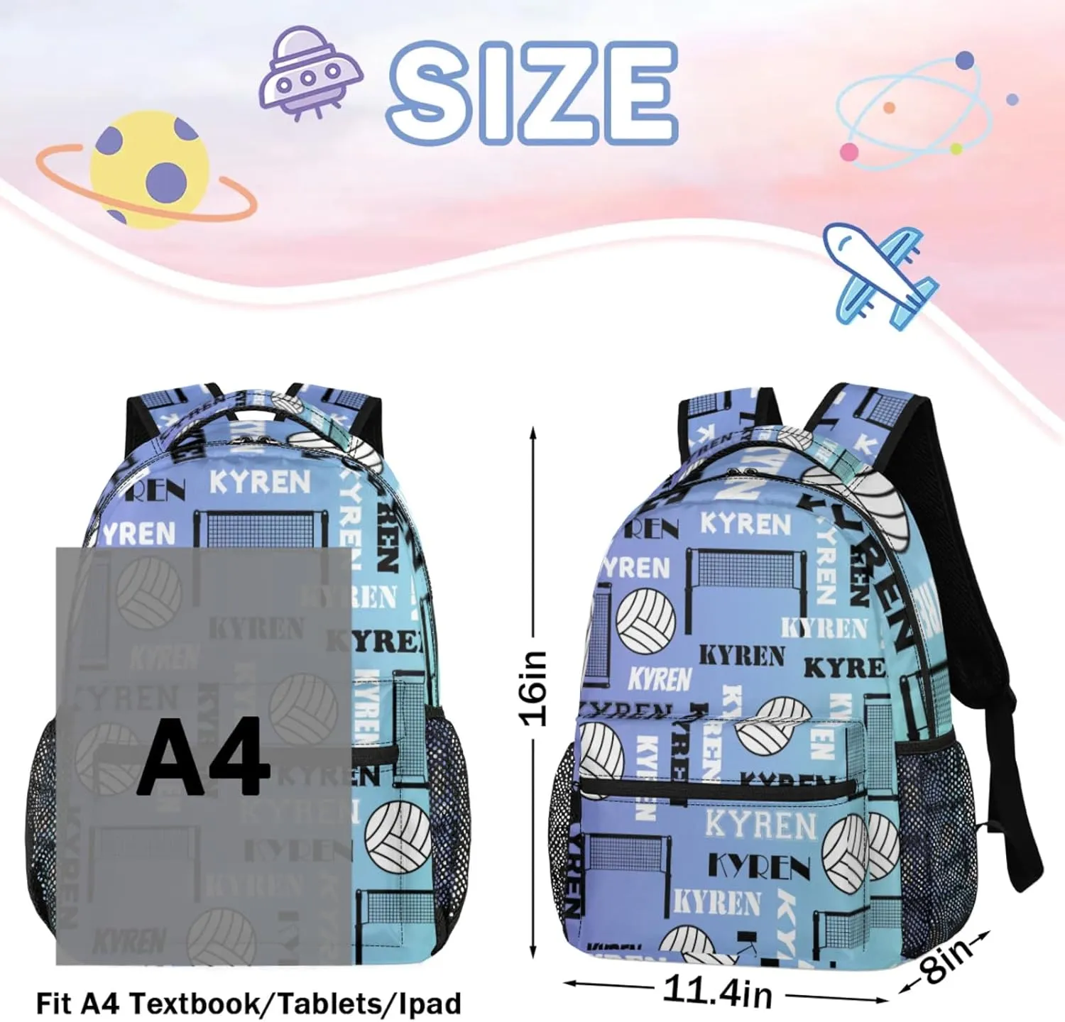 Personalized Name Volleyball Backpack, Custom Sports Bag Backpack for Men Women, Laptop Daypack for Travel Camping Hiking, Blue Purple