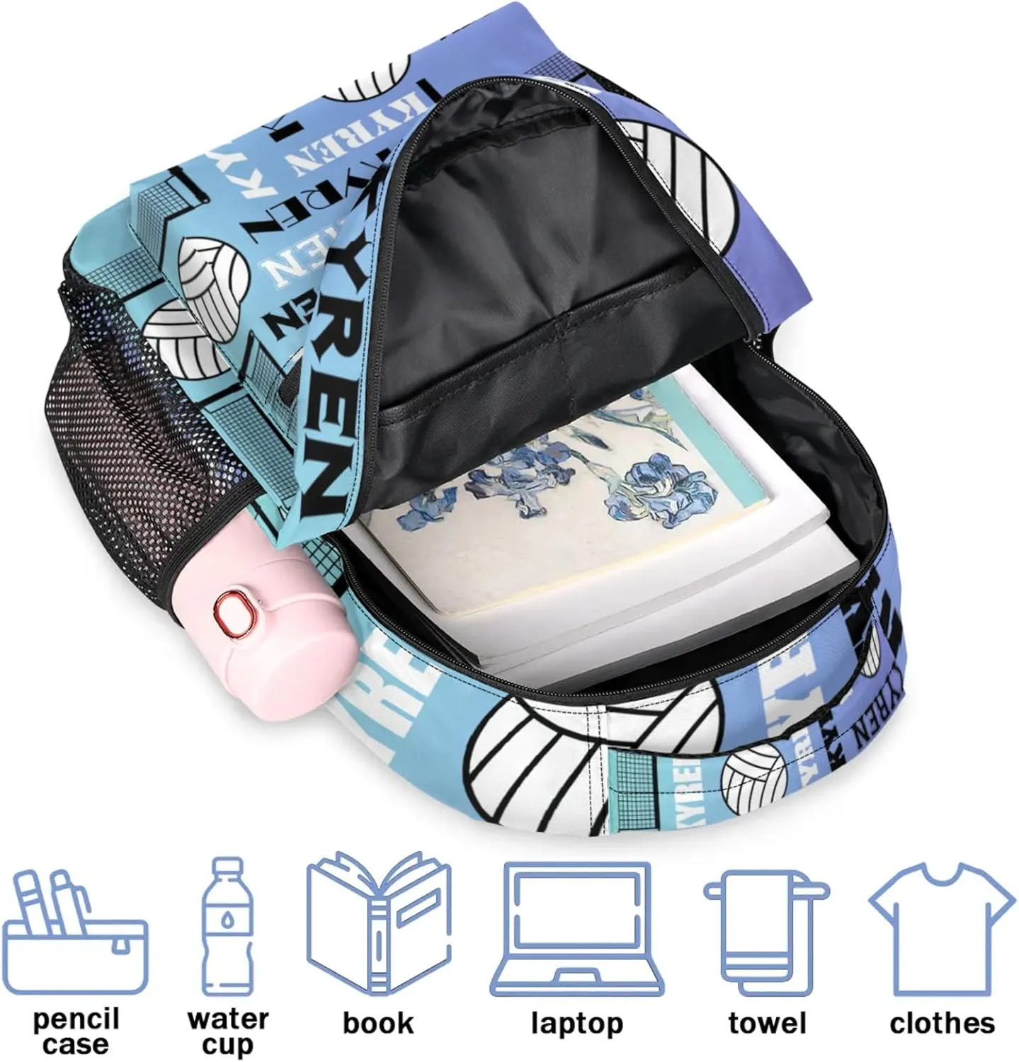 Personalized Name Volleyball Backpack, Custom Sports Bag Backpack for Men Women, Laptop Daypack for Travel Camping Hiking, Blue Purple