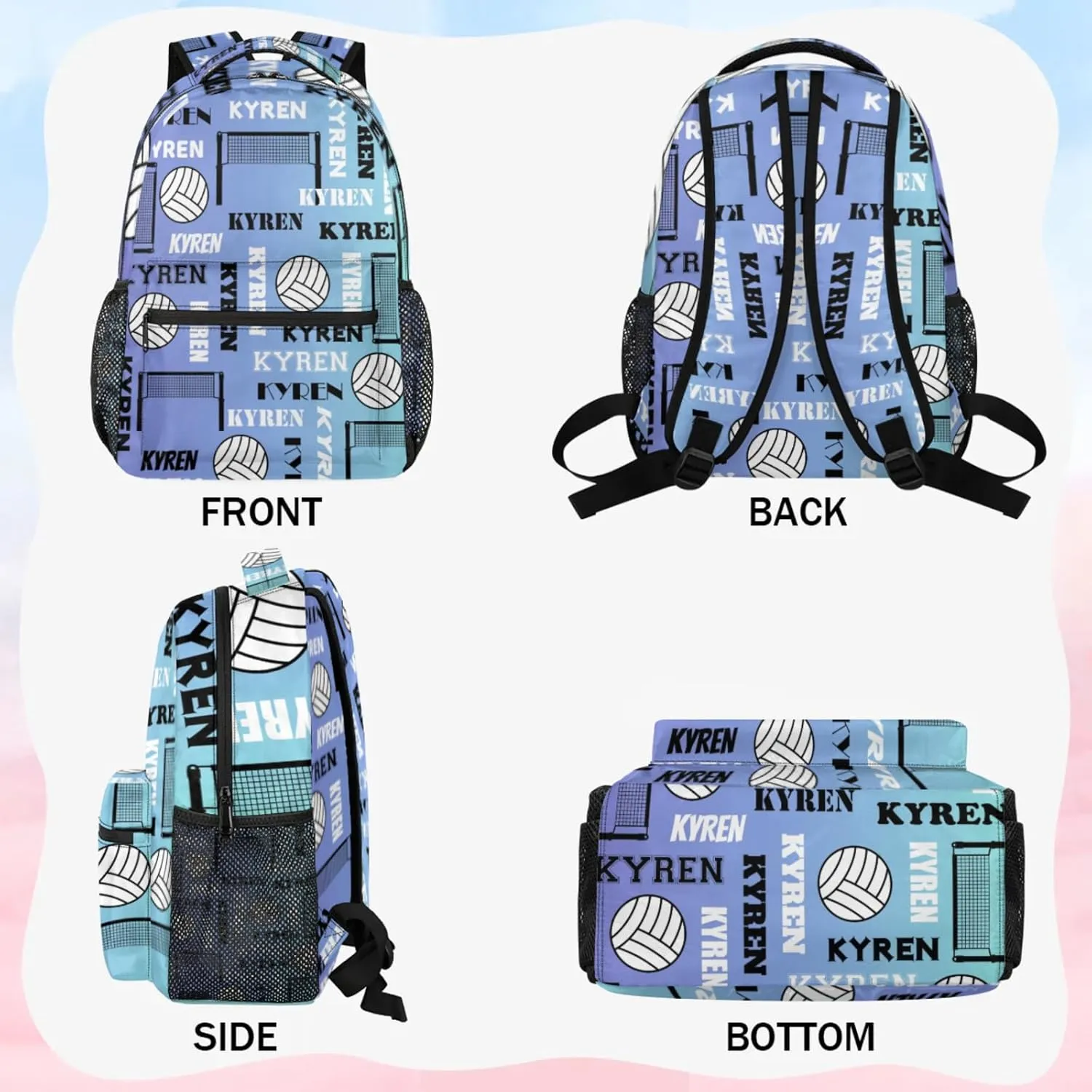 Personalized Name Volleyball Backpack, Custom Sports Bag Backpack for Men Women, Laptop Daypack for Travel Camping Hiking, Blue Purple