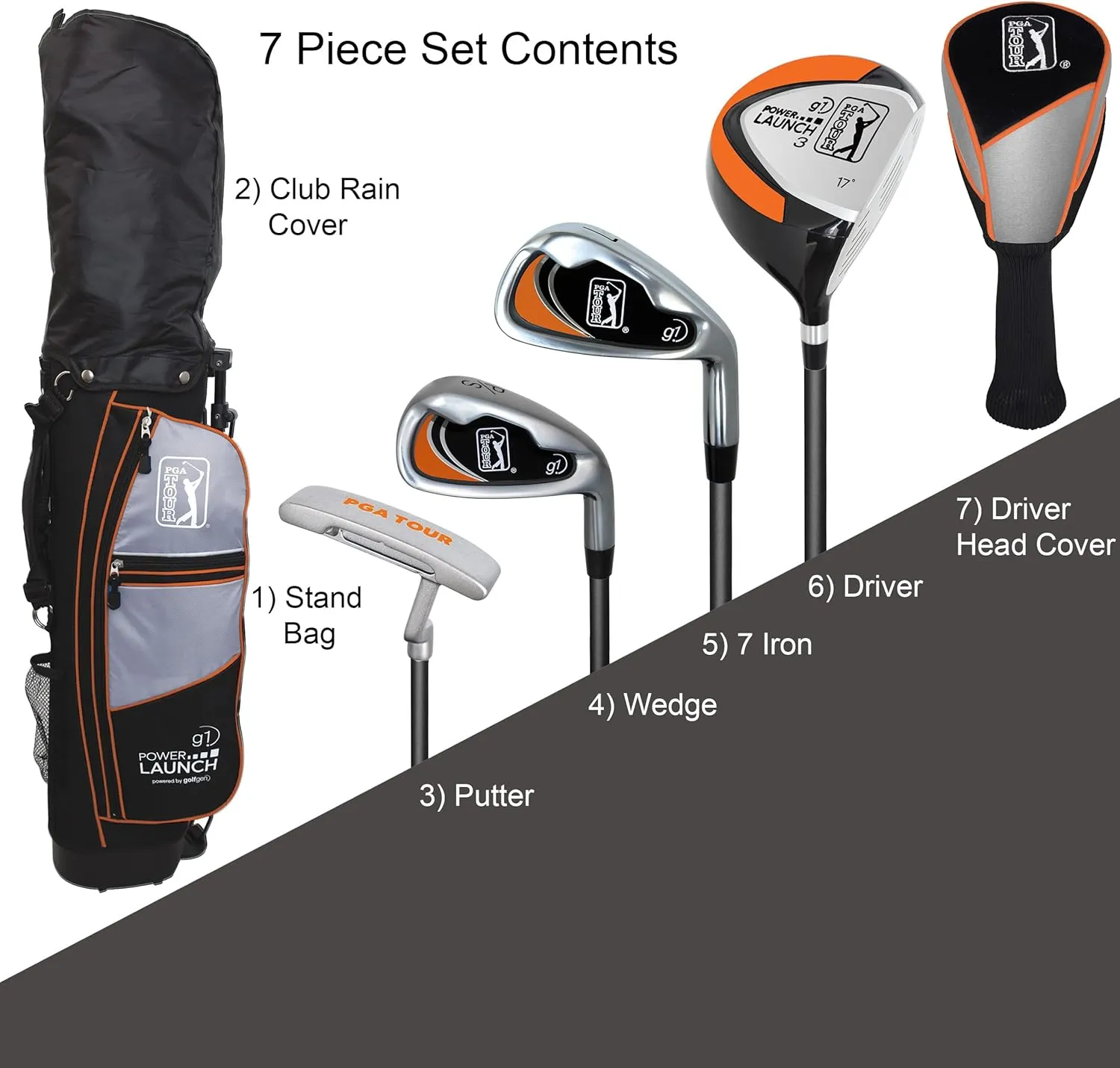 PGA TOUR Youth Golf Club Set for Ages 8-12 (4’8”-5’2”) and 12  (5’2” ), Right and Left-Handed Kids Golf Sets – Beginner Junior Golf Clubs with Lightweight Stand Bag, Mallet Putter, Hybrid, Driver