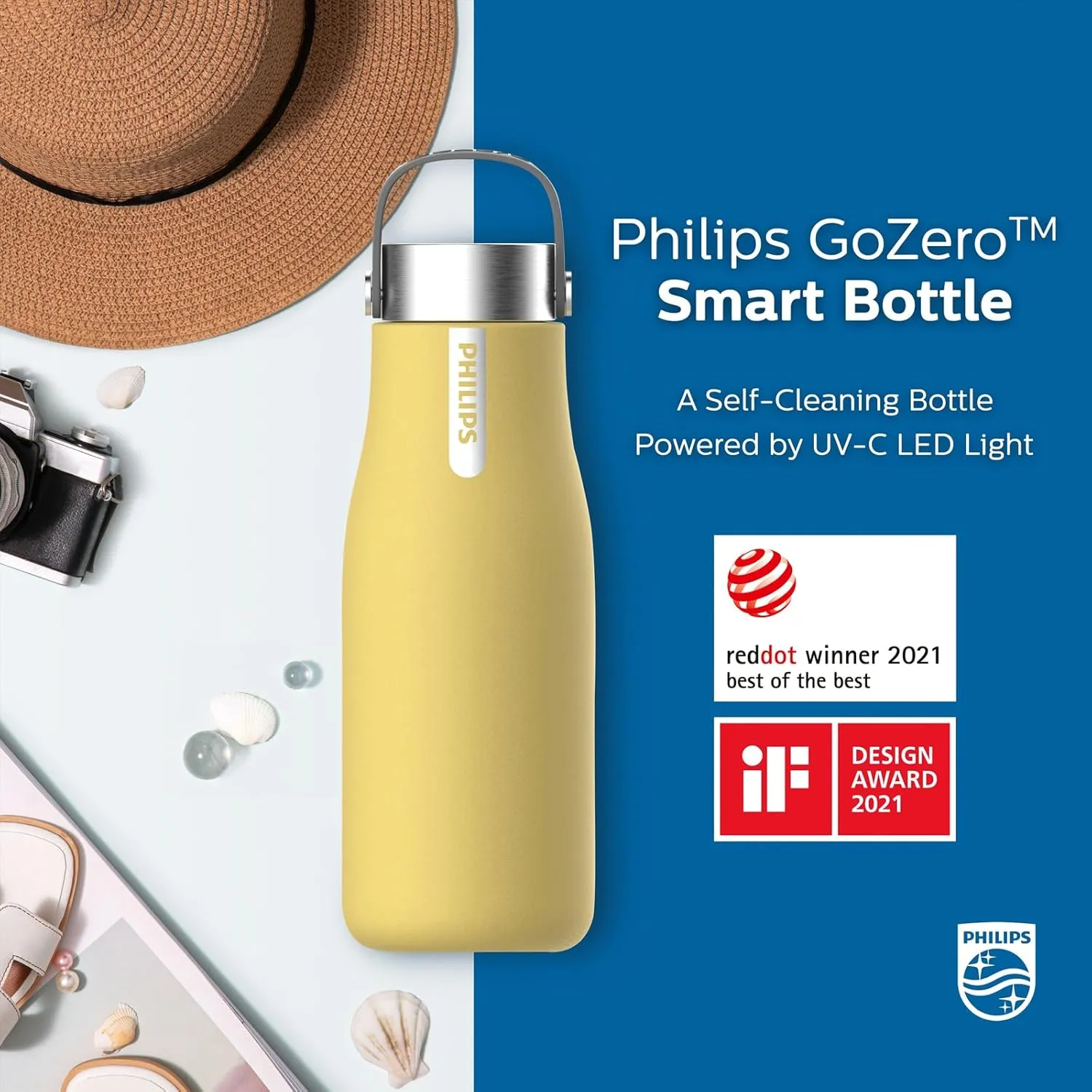 PHILIPS Water GoZero Self-Cleaning Smart Water Bottle Vacuum Stainless Steel Insulated Water Bottle with Handle Double-wall, Auto Cleaning, Keep Drink Hot or Cold, BPA Free (Yellow 12 oz.)