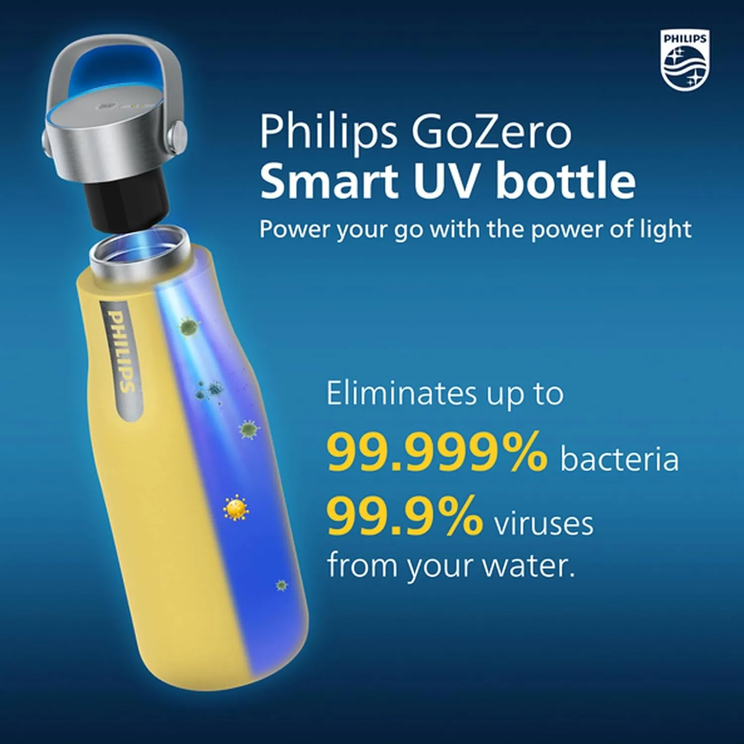 PHILIPS Water GoZero Self-Cleaning Smart Water Bottle Vacuum Stainless Steel Insulated Water Bottle with Handle Double-wall, Auto Cleaning, Keep Drink Hot or Cold, BPA Free (Yellow 12 oz.)