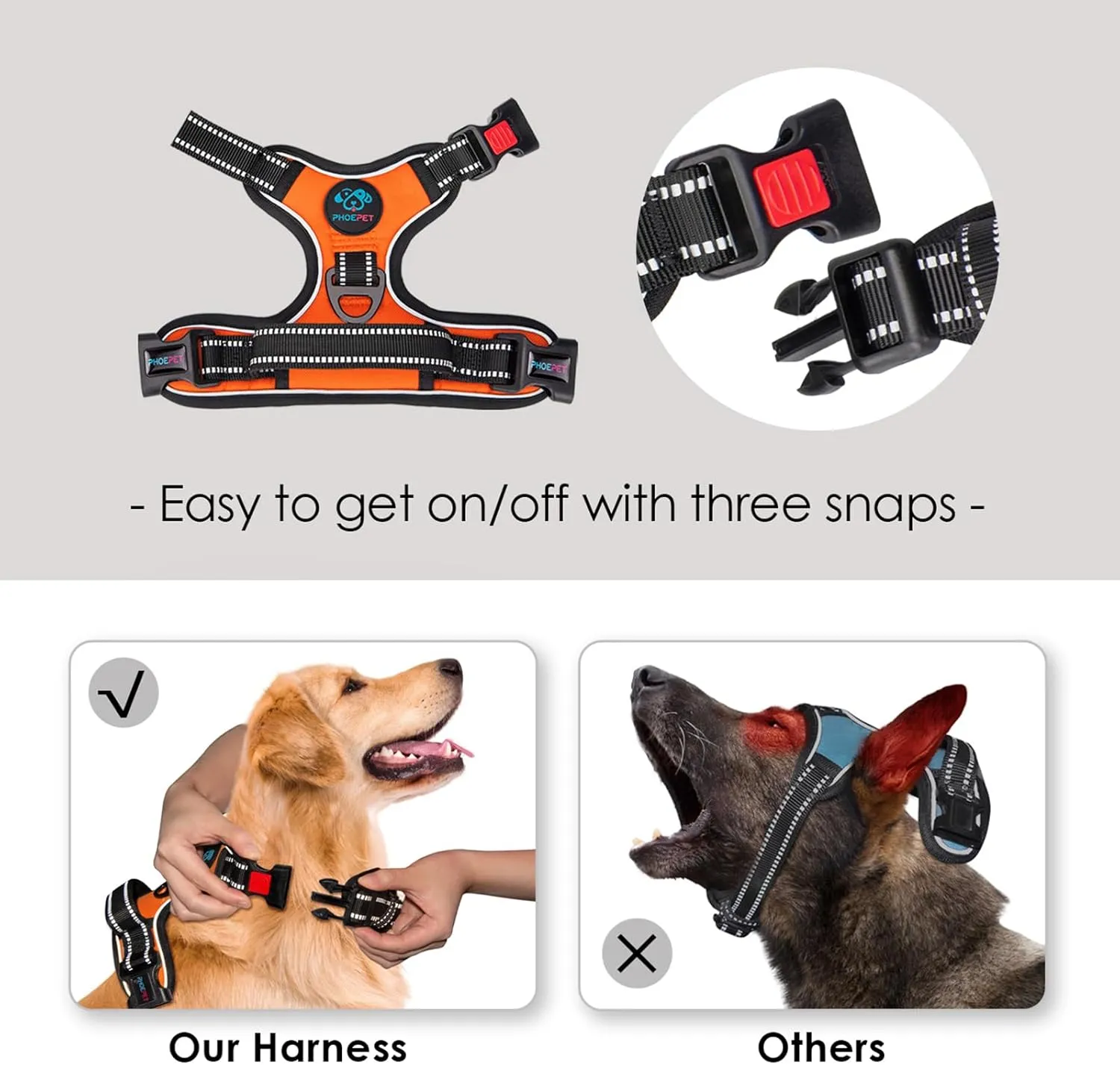 PHOEPET No Pull Dog Harness Medium Reflective Front Clip Vest with Handle,Adjustable 2 Metal Rings 3 Buckles,[Easy to Put on & Take Off](M, Orange)