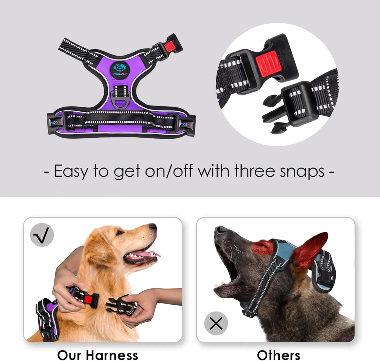 PHOEPET No Pull Dog Harness Medium Reflective Front Clip Vest with Handle,Adjustable 2 Metal Rings 3 Buckles,[Easy to Put on & Take Off](M, Purple)
