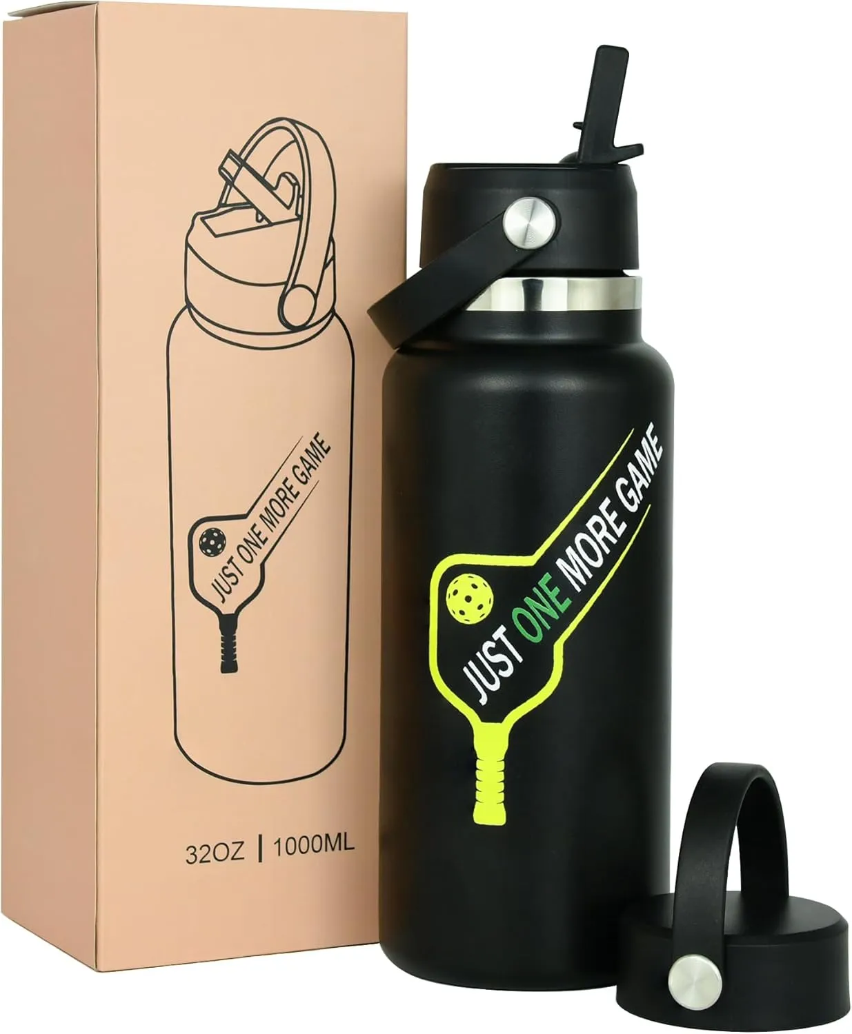 Pickleball Water Bottle 32 oz, Gifts for Pickleball Lovers, Wide Mouth Vacuum Insulated Sports Bottle with 2 Leakproof Lids, Stainless Steel Cup with Straw for Cold Drinks