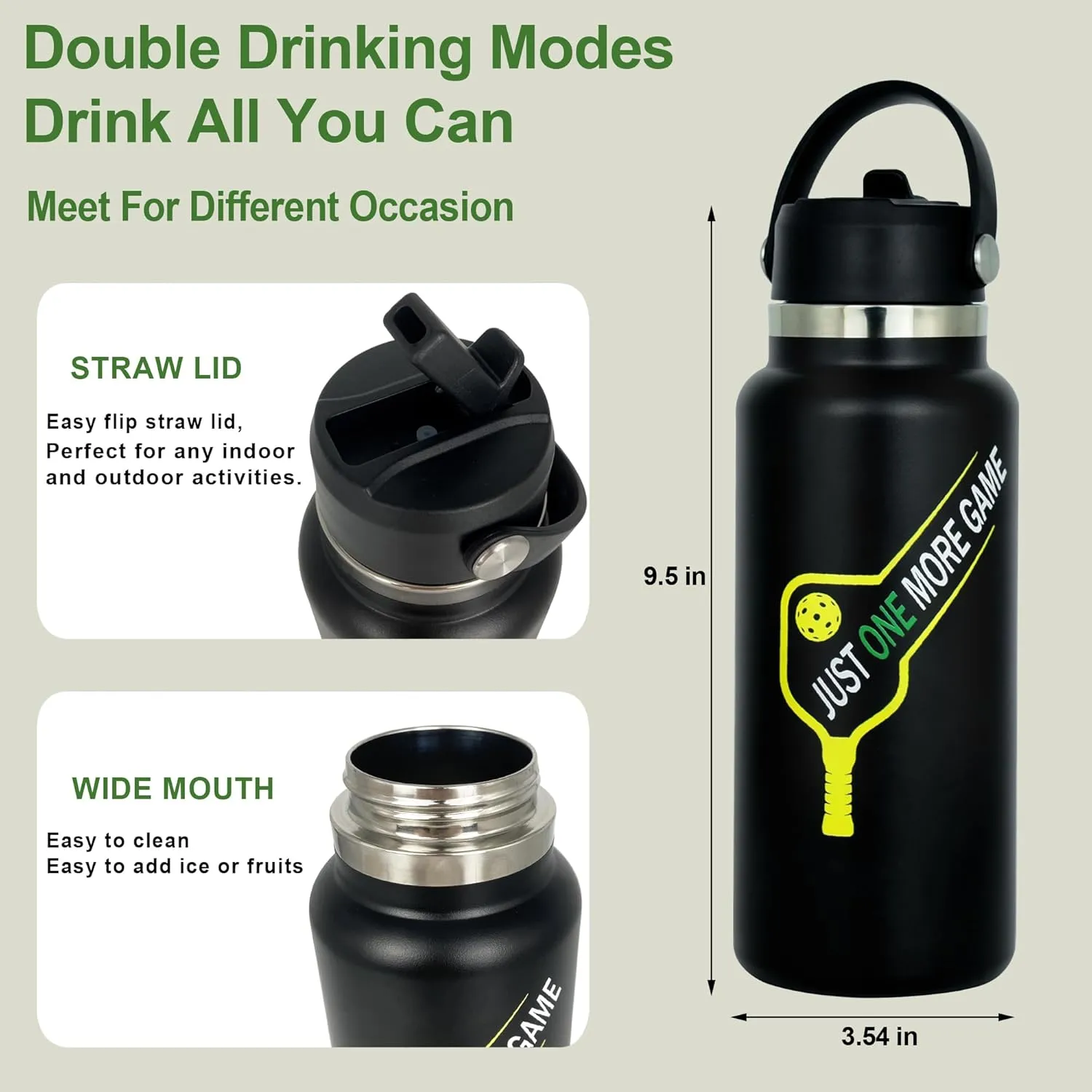 Pickleball Water Bottle 32 oz, Gifts for Pickleball Lovers, Wide Mouth Vacuum Insulated Sports Bottle with 2 Leakproof Lids, Stainless Steel Cup with Straw for Cold Drinks