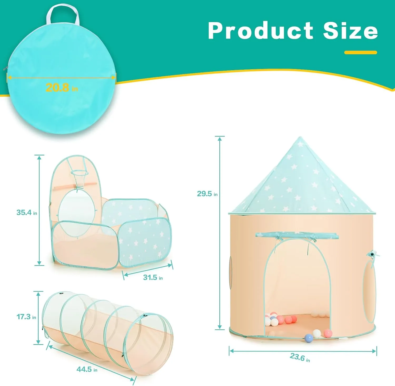 PigPigPen 3pc Kids Play Tent for Girls and Boys with Ball Pit, Crawl Tunnel, Princess Tents for Toddlers, Baby Space World Playhouse Toys, Boys Indoor& Outdoor Play House, Perfect Kid’s Gifts