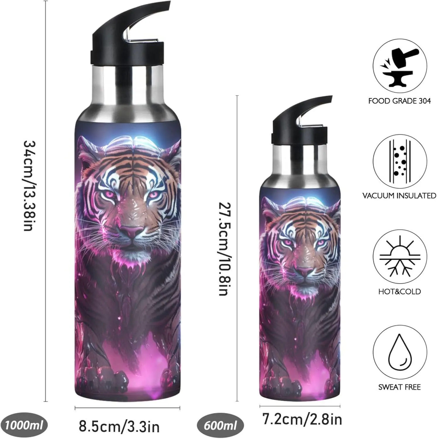 Pink Starlight Tiger Sport Water Bottle Insulated Stainless Steel Large Vacuum Flask Leak Proof Thermos with Straw for Travel(600ml/1000ml)