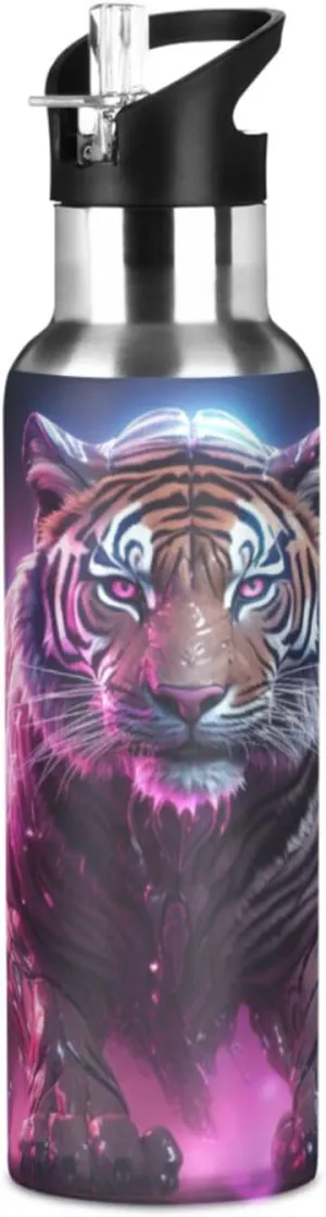 Pink Starlight Tiger Sport Water Bottle Insulated Stainless Steel Large Vacuum Flask Leak Proof Thermos with Straw for Travel(600ml/1000ml)