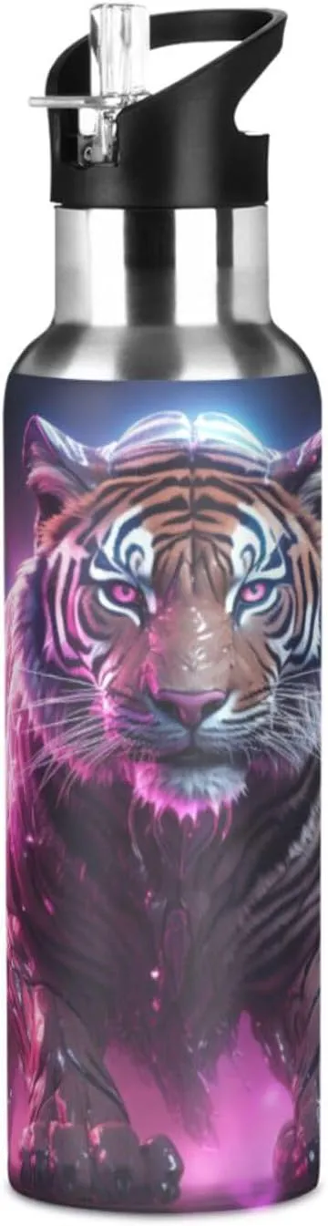 Pink Starlight Tiger Sport Water Bottle Insulated Stainless Steel Large Vacuum Flask Leak Proof Thermos with Straw for Travel(600ml/1000ml)
