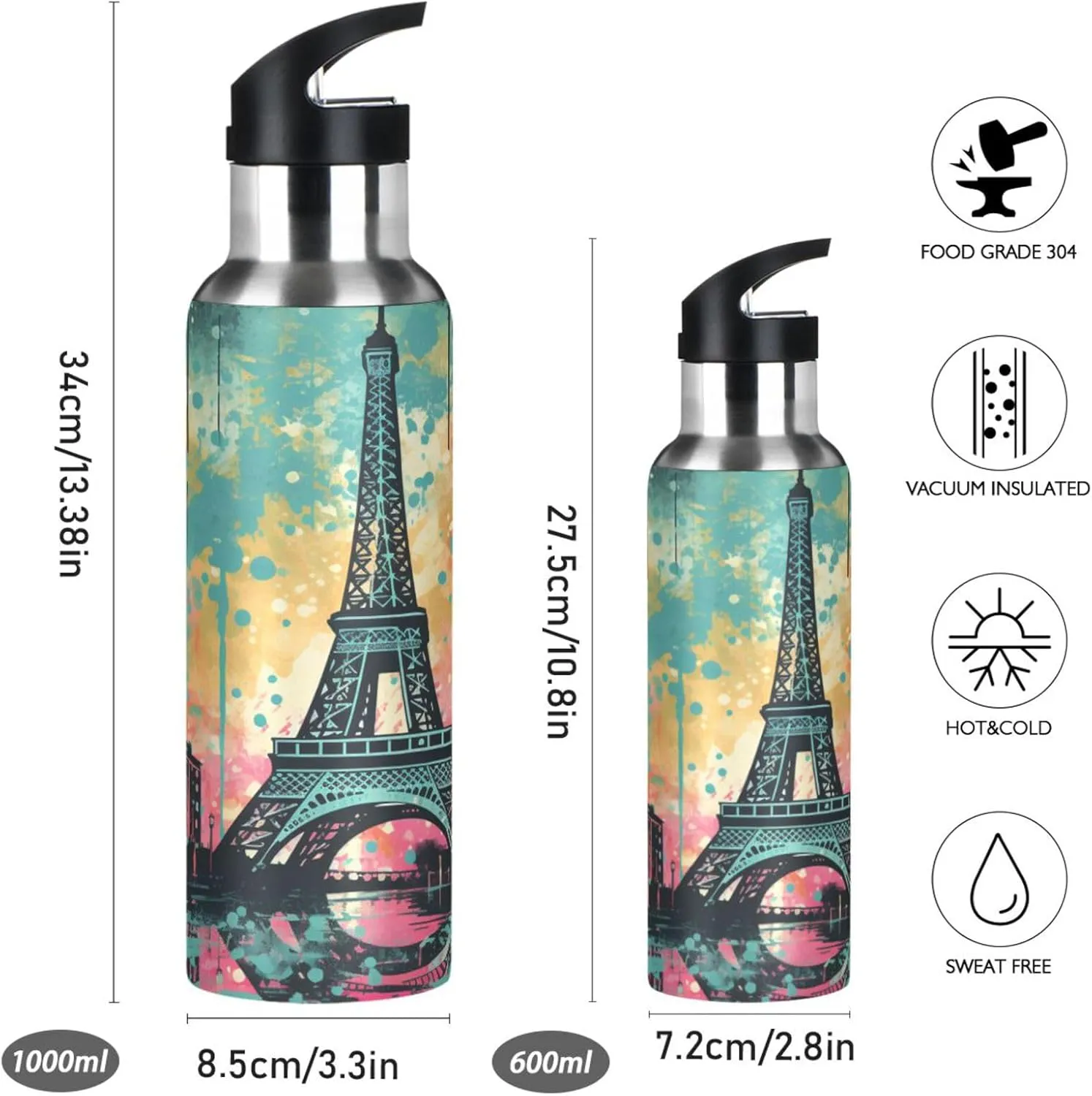 Pink Tower Art Sport Water Bottle Insulated Stainless Steel Large Vacuum Flask Leak Proof Thermos with Straw for Travel(600ml/1000ml)