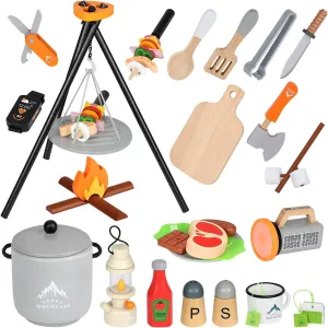 PLAY BRAINY 45 pc BBQ Toy Set for Kids -Pretend Play Camping Set w Campfire, BBQ Grill, Toy Food, Utensils, and More - Child-Safe Wooden Construction, Carrying Bag Included, Boys and Girls Ages 3 & up