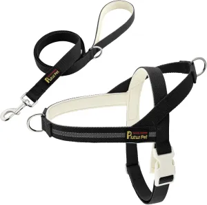 Plutus Pet Cotton Dog Harness and Leash Set, Reflective and Soft Padded, Quick Fit Vest Harness, for Small, Medium and Large Dogs, Black, L