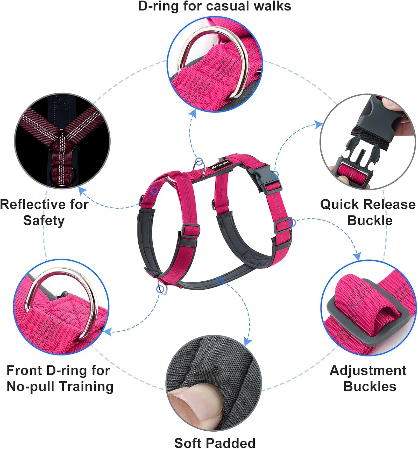 Plutus Pet No Pull Dog Harness, Adjustable Nylon Harness with Soft Padding, Reflective and Heavy Duty Dog Harness for Small, Medium, Large Dogs(Hot Pink, M)