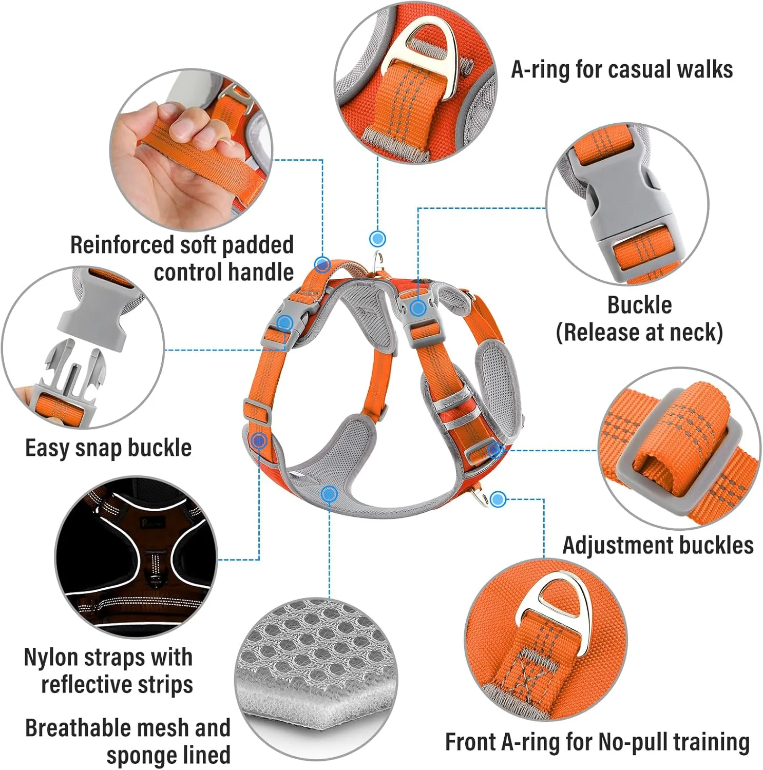 Plutus Pet No Pull Dog Harness, Release at Neck, Reflective Adjustable Dog Vest Harness, Easy Control Handle for Walking, for Small Medium Large Dogs, Orange, M