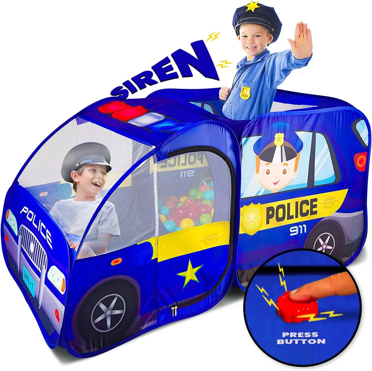 Police Car Pop Up Play Tent with Sound Button for Kids, Toddlers, Boys, Girls, Indoors & Outdoors – Playhouse for Interactive Fun - Foldable, Quick Setup Pretend Play Toys & Gift