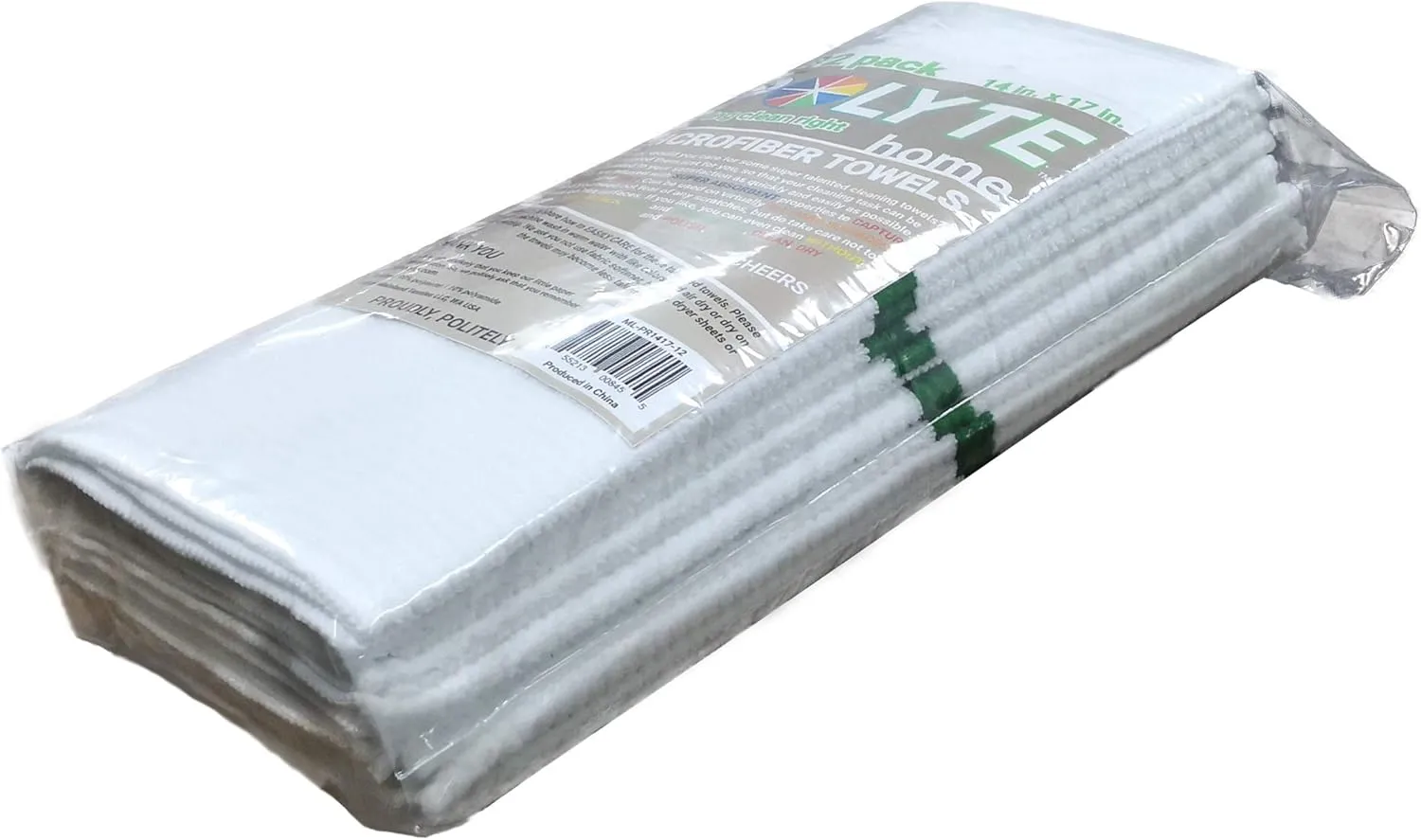 POLYTE Microfiber All-Purpose Ribbed Terry Bar Mop Towel for Home, Kitchen, Restaurant Cleaning (14x17, White w/Green Stripe) 12 Pack