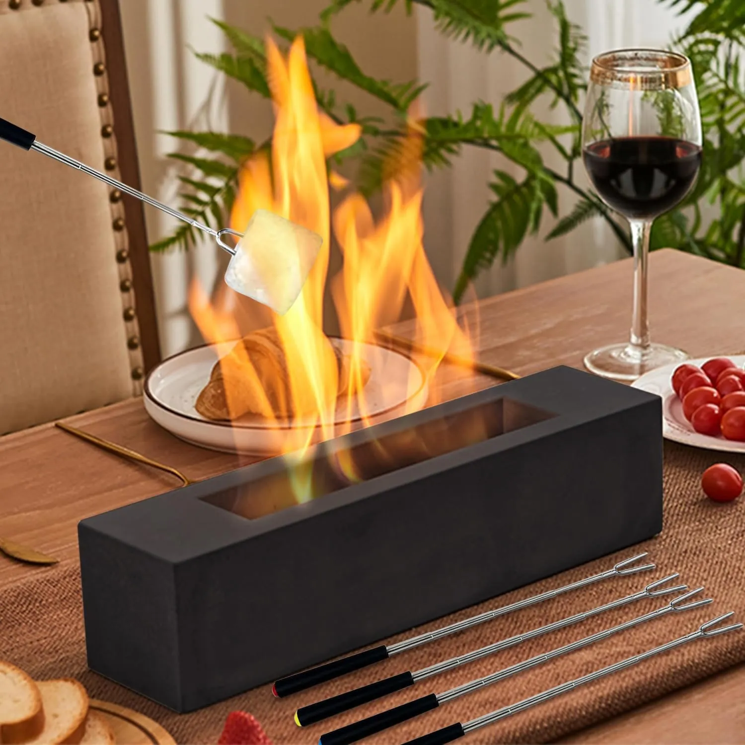 Poofzy Table Top Firepit, Indoor Fire Pit Tabletop Concrete, Portable Ethanol Tabletop Fireplace Outdoor for Patio Home Decor Housewarming 14.9x3.3x3.3 in (Black)
