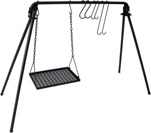 Portable Campfire Grill, Adjustable Swing Grill with Folding A-Frame, Carbon Steel Folding Campfire Grill with 6 Hooks for Camping, BBQ, Picnics, Backyard