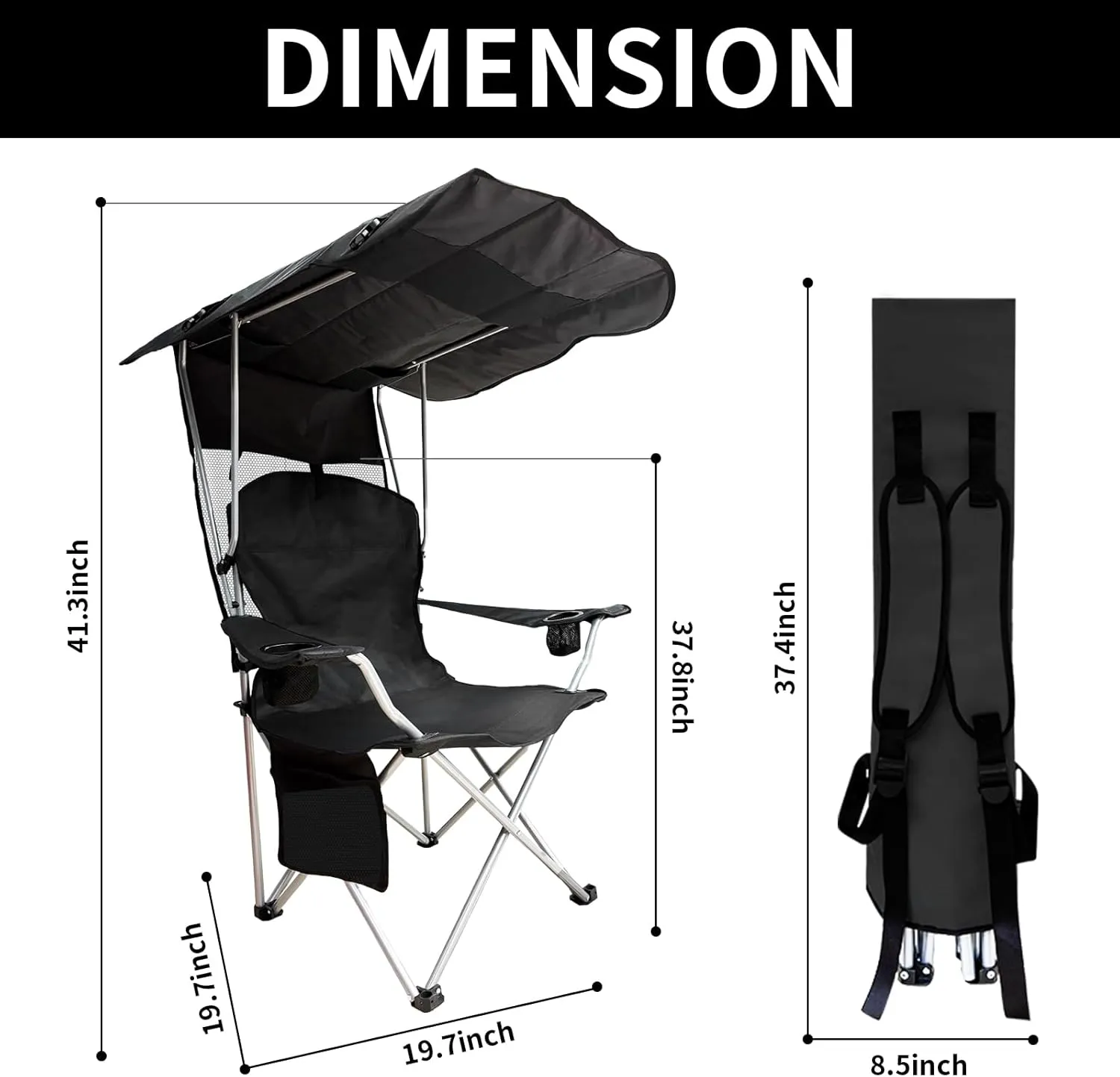 Portable Camping Chair with Canopy Shade- Folding Camping Lounge Chair with Cup Holder & Side Pocket for Outdoor Camping, Fishing, Beach - Support 330 LBS (Black)