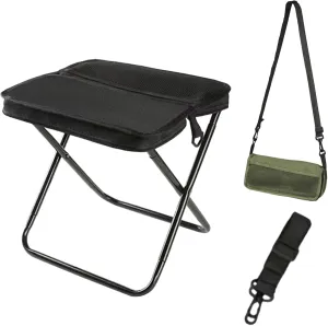 Portable Camping Stool, Mountaineering and Hiking Foldable Stool with Adjustable Shoulder Strap, Collapsible Camp Stools for Picnic Hiking Fishing, Hold Up to 220 LBS, Easy Setup (Black, Large)