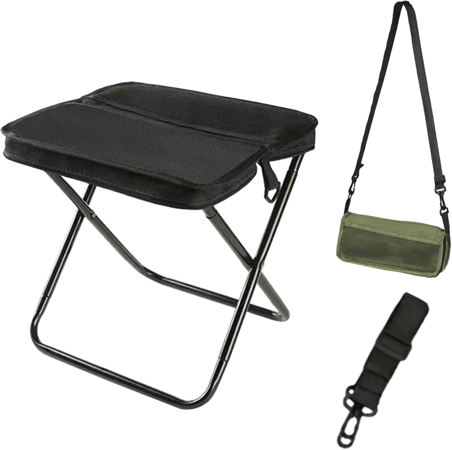 Portable Camping Stool, Mountaineering and Hiking Foldable Stool with Adjustable Shoulder Strap, Collapsible Camp Stools for Picnic Hiking Fishing, Hold Up to 220 LBS, Easy Setup (Black, Large)