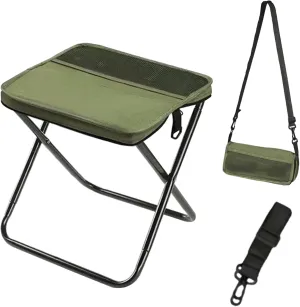 Portable Camping Stool, Mountaineering and Hiking Foldable Stool with Adjustable Shoulder Strap, Collapsible Camp Stools for Picnic Hiking Fishing, Hold Up to 220 LBS, Easy Setup (Green, Large)