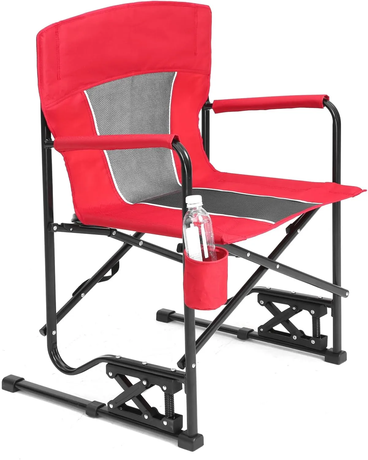 Portable Folding Rocker Camping Chair with Solid Armrests, Drink Holder, Comfortable Backrest - 250 lbs Capacity & Spring - Action Rocking Technology​ (Red)