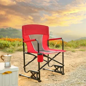 Portable Folding Rocker Camping Chair with Solid Armrests, Drink Holder, Comfortable Backrest - 250 lbs Capacity & Spring - Action Rocking Technology​ (Red)