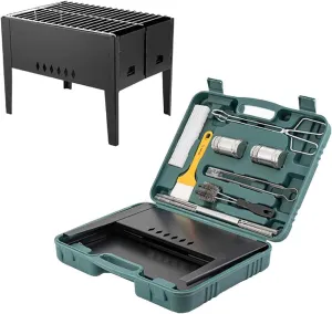 Portable Grill, Thickened Gridiron Campfire, Camping Grill with Multi Brushes Food Clip, Foldable Campfire Grill with Storage Box Bakeware (Black)