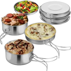 Portable Lightweight Stainless Steel Pots with Storage Bag, Stackable Cooking Pot Pan Plate Set for Mountaineering, Hiking, Picnic, Outdoor Activities, 4 Pcs Camping Cookware Set