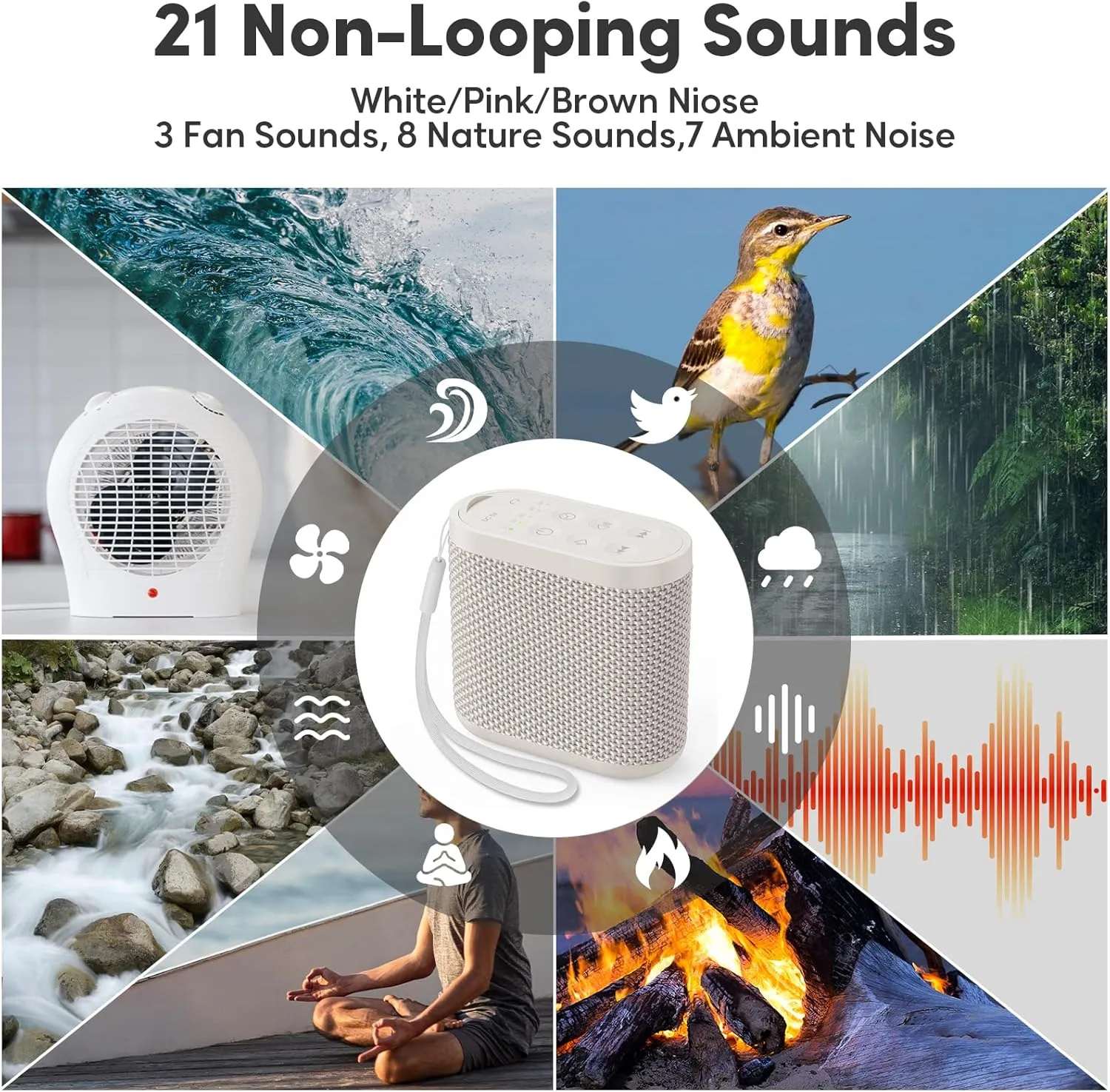 Portable Sound Machine for Travel, White Noise Sound Machine for Sleeping, 52-Hour Lasting Mini Noise Machine with 21 Quality Non-looping Sounds, Headphone Jack, Memory, Timer for Adults,Hotel (Khaki)