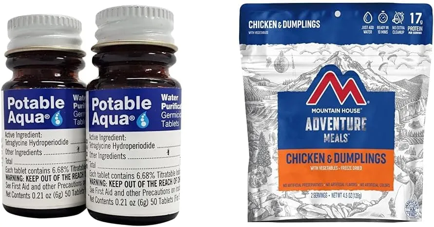 Potable Aqua Water Purification Tablets, Two 50ct Bottles   Mountain House Chicken & Dumplings Freeze Dried Backpacking Food, 2 Servings