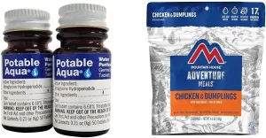 Potable Aqua Water Purification Tablets, Two 50ct Bottles   Mountain House Chicken & Dumplings Freeze Dried Backpacking Food, 2 Servings