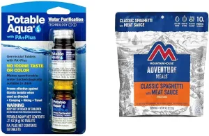 Potable Aqua Water Purification Tablets with Mountain House Classic Spaghetti with Meat Sauce Freeze Dried Backpacking Food 2 Servings