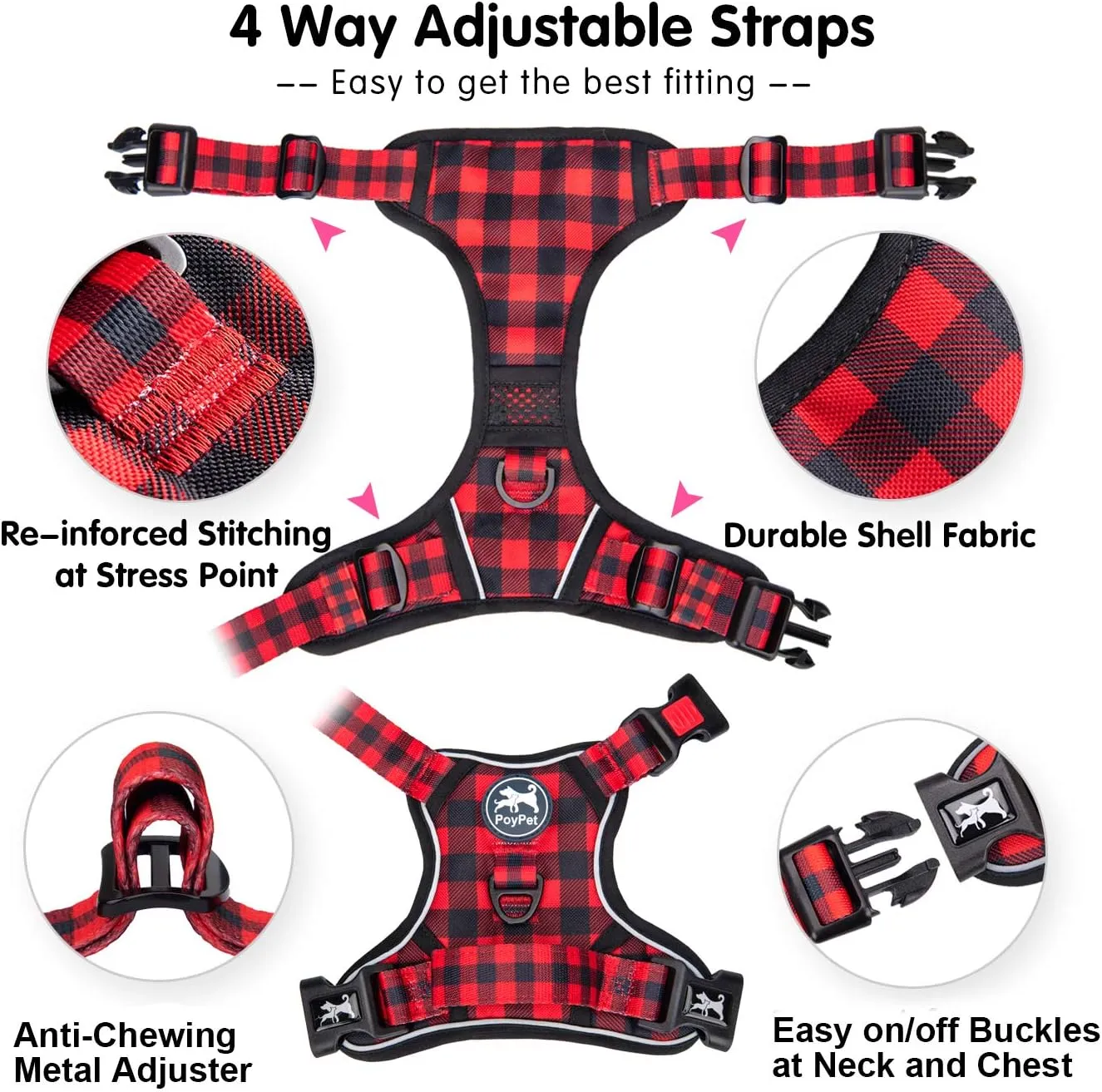 PoyPet No Pull Dog Harness, [Release at Neck] Reflective Adjustable No Choke Pet Vest with Front & Back 2 Leash Attachments, Soft Control Training Handle, Plaid(Checkered Red, S)