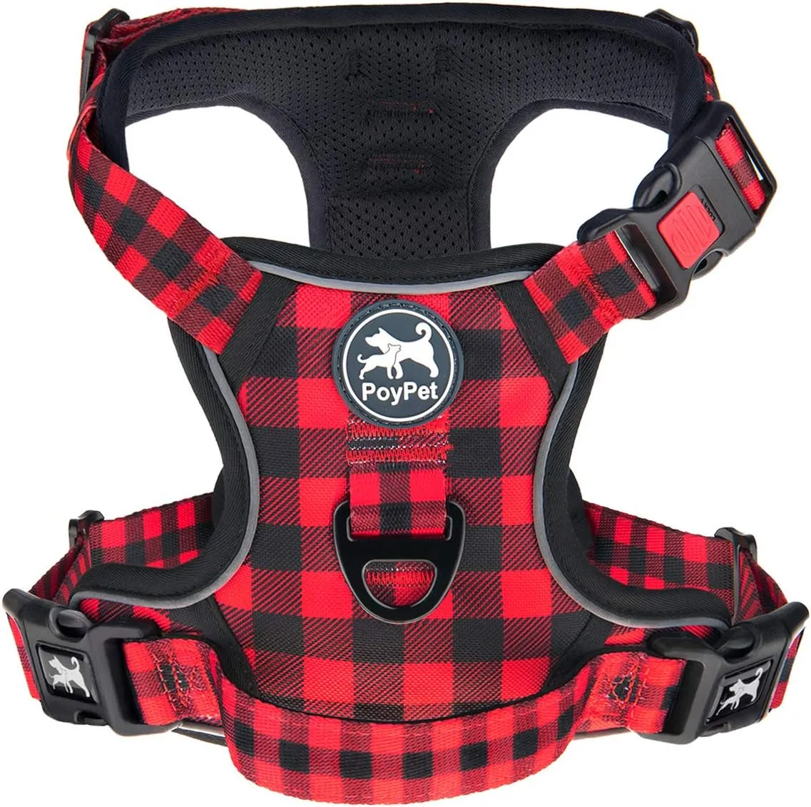 PoyPet No Pull Dog Harness, [Release at Neck] Reflective Adjustable No Choke Pet Vest with Front & Back 2 Leash Attachments, Soft Control Training Handle, Plaid(Checkered Red, S)