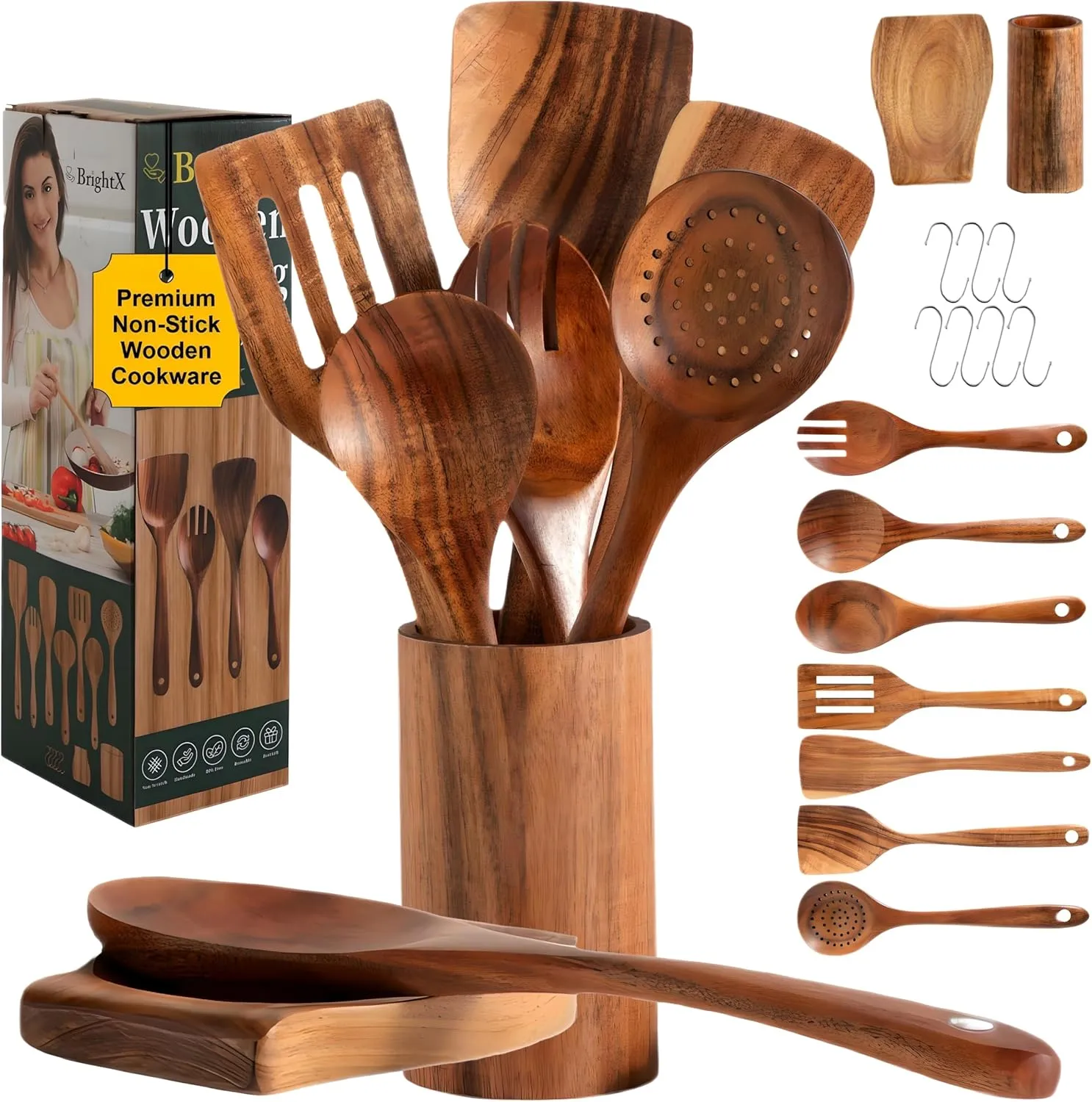Premium Kitchen Wooden Cooking Spoons Set (9-Pcs) - Acacia Wood Utensils Set Non Toxic, BPA-Free & Safe Wooden Spatula, Ladle, Stirring & Mixing Spoons | Non Stick Kitchen wooden SpoonSet for Cooking