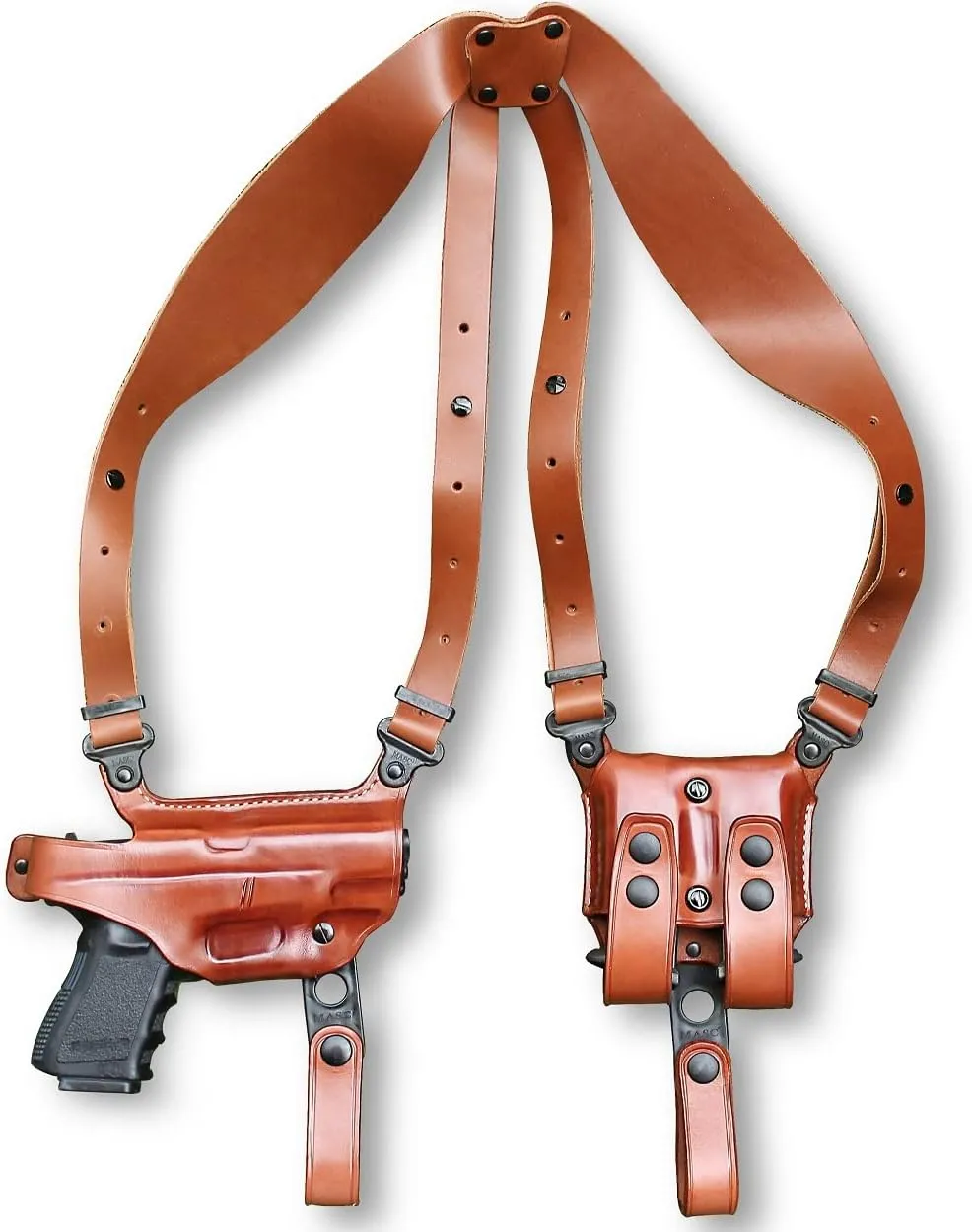 Premium Leather Horizontal Shoulder Holster System with Double Magazine Carrier for Kimber 1911 Compact Non-Railed 9/45ACP 4'' Barrel, Right Hand Draw, Brown Color #1110#
