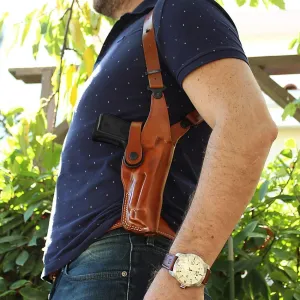 Premium Leather Vertical Shoulder Holster System with Double Magazine Carrier for Taurus GX4 Carry T.O.R.O. 9mm 3.7" Barrel, Right Hand Draw, Brown Color #1685#