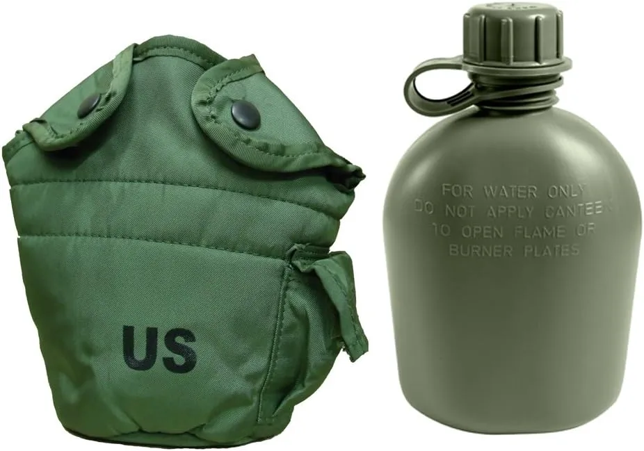 Previously Issued U.S. G.I. 1 Quart Olive Drab Military Canteen Nylon Cover with Never Issued 1 Quart Olive Drab Canteen