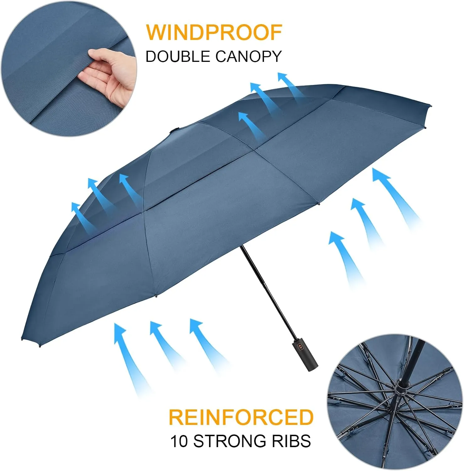 Prospo 46/62 Inch Large Travel Umbrellas for Rain Windproof, 10 Ribs Compact Reverse Folding Golf Umbrella, Double Canopy Automatic Open Close