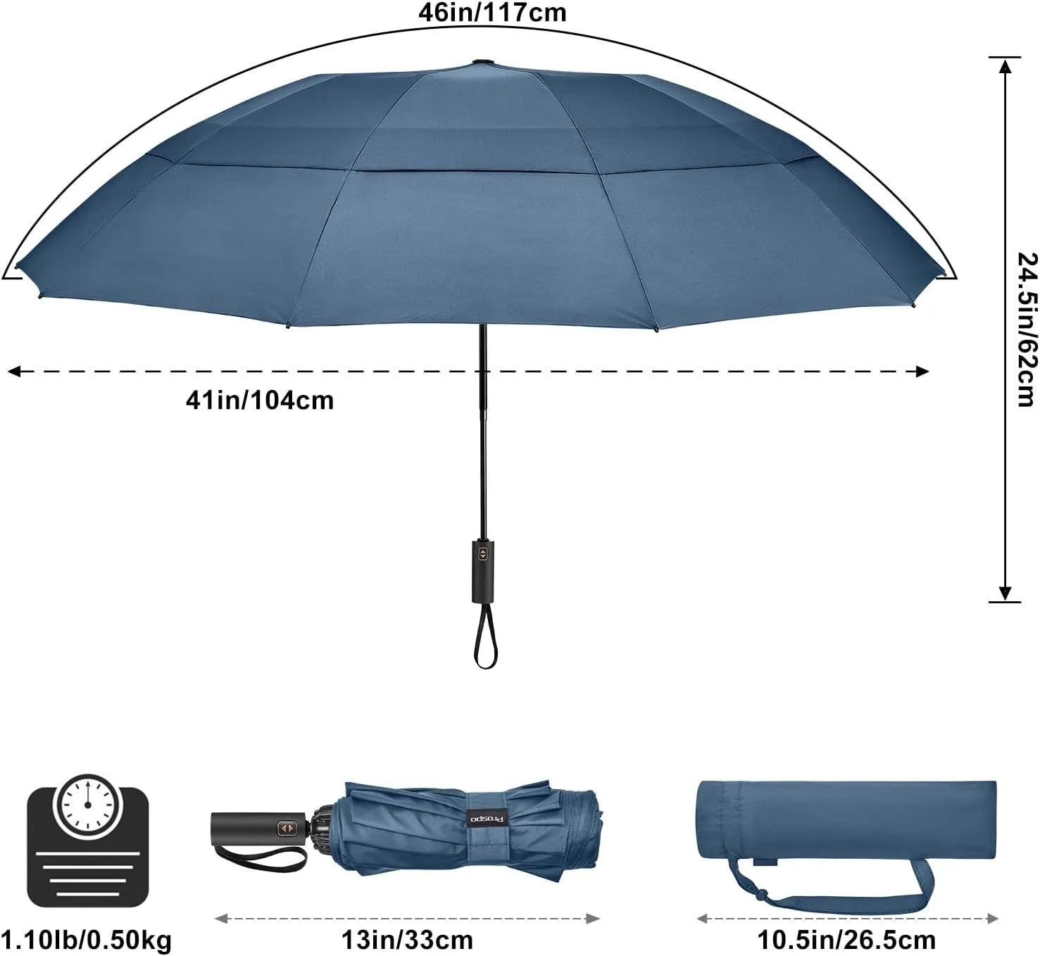 Prospo 46/62 Inch Large Travel Umbrellas for Rain Windproof, 10 Ribs Compact Reverse Folding Golf Umbrella, Double Canopy Automatic Open Close