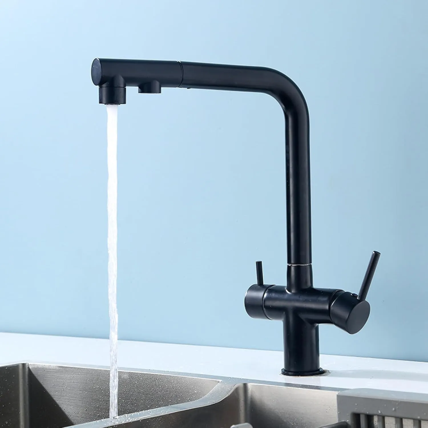 Pull-Out Kitchen Faucet Hot and Cold Washing Basin Sink Three-in-One Dual-Control Water Purification Faucet, Large Bend Dual-Control Water Purification (Electroplating)