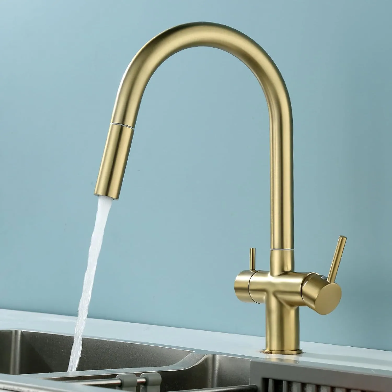 Pull-Out Kitchen Faucet Hot and Cold Washing Basin Sink Three-in-One Dual-Control Water Purification Faucet, Large Bend Dual-Control Water Purification (Electroplating)