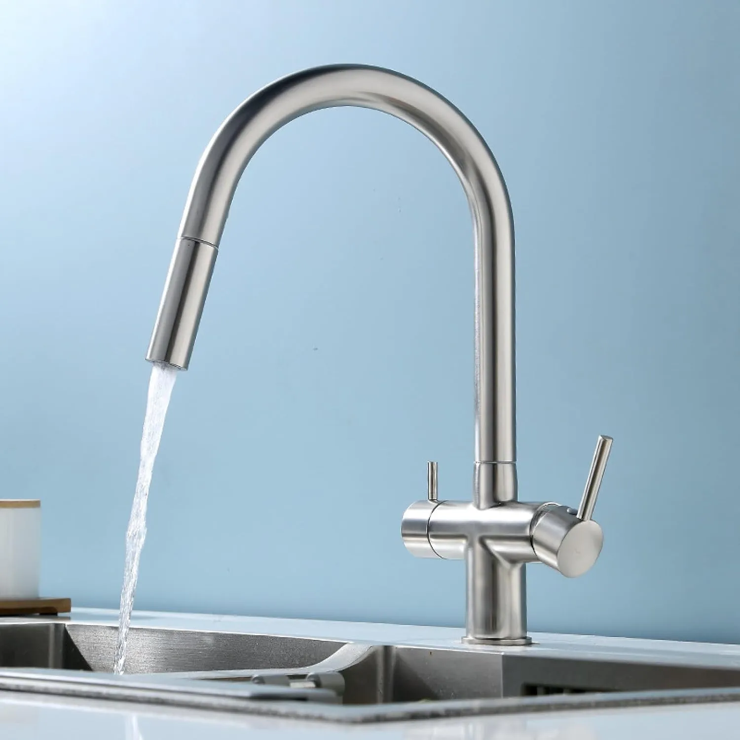 Pull-Out Kitchen Faucet Hot and Cold Washing Basin Sink Three-in-One Dual-Control Water Purification Faucet, Large Bend Dual-Control Water Purification (Electroplating)