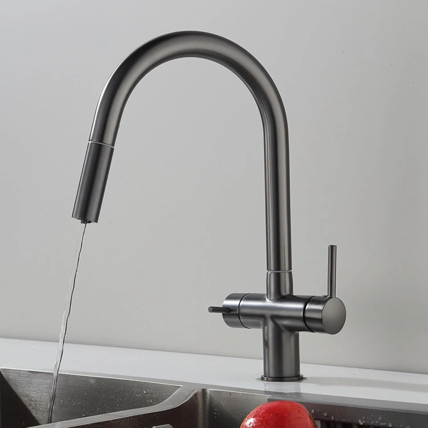 Pull-Out Kitchen Faucet Hot and Cold Washing Basin Sink Three-in-One Dual-Control Water Purification Faucet, Large Bend Dual-Control Water Purification (Electroplating)