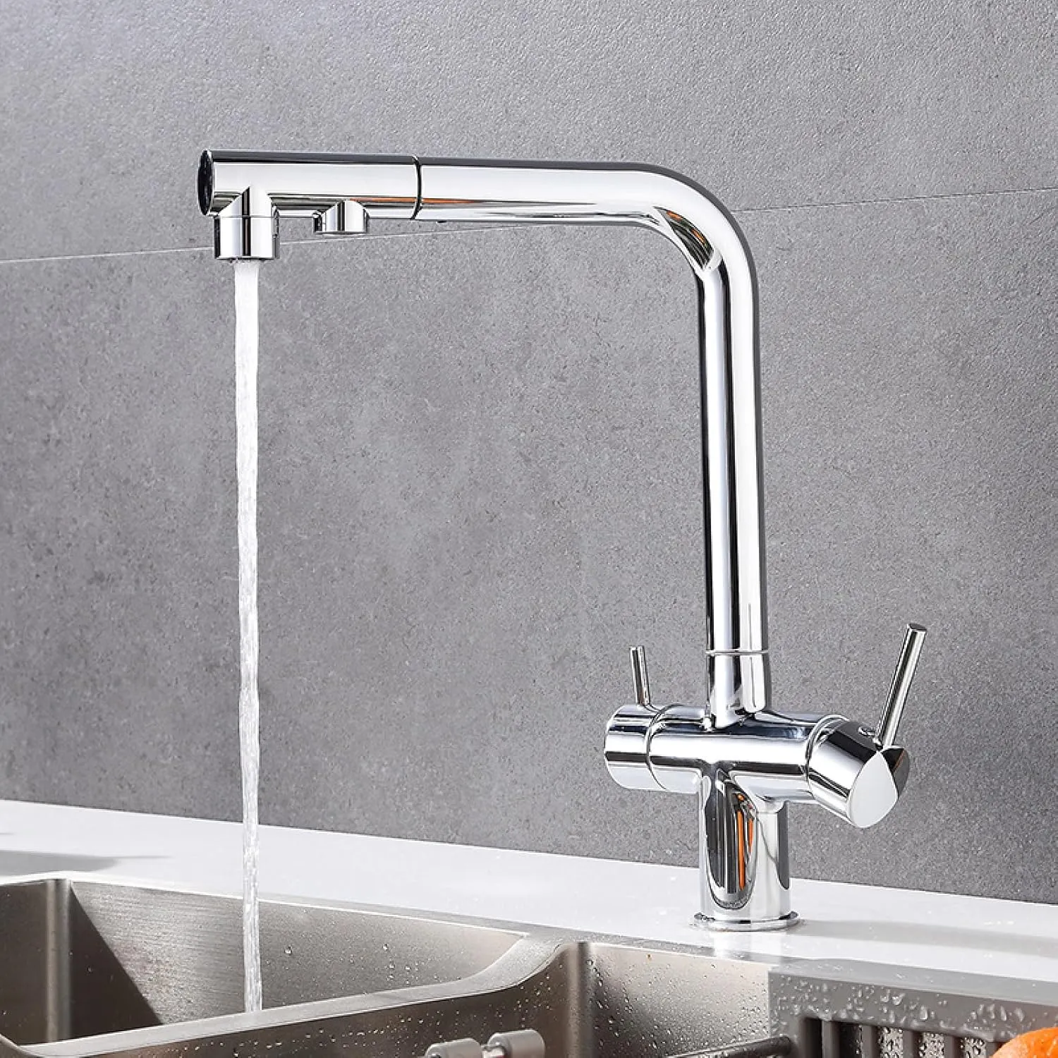 Pull-Out Kitchen Faucet Hot and Cold Washing Basin Sink Three-in-One Dual-Control Water Purification Faucet, Large Bend Dual-Control Water Purification (Electroplating)